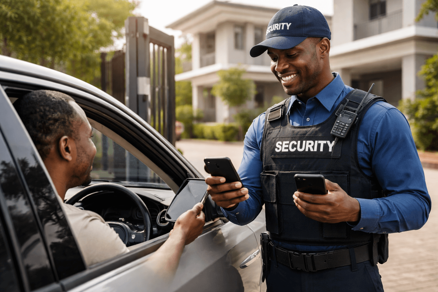 Security guard scanning visitor phone at estate gate
