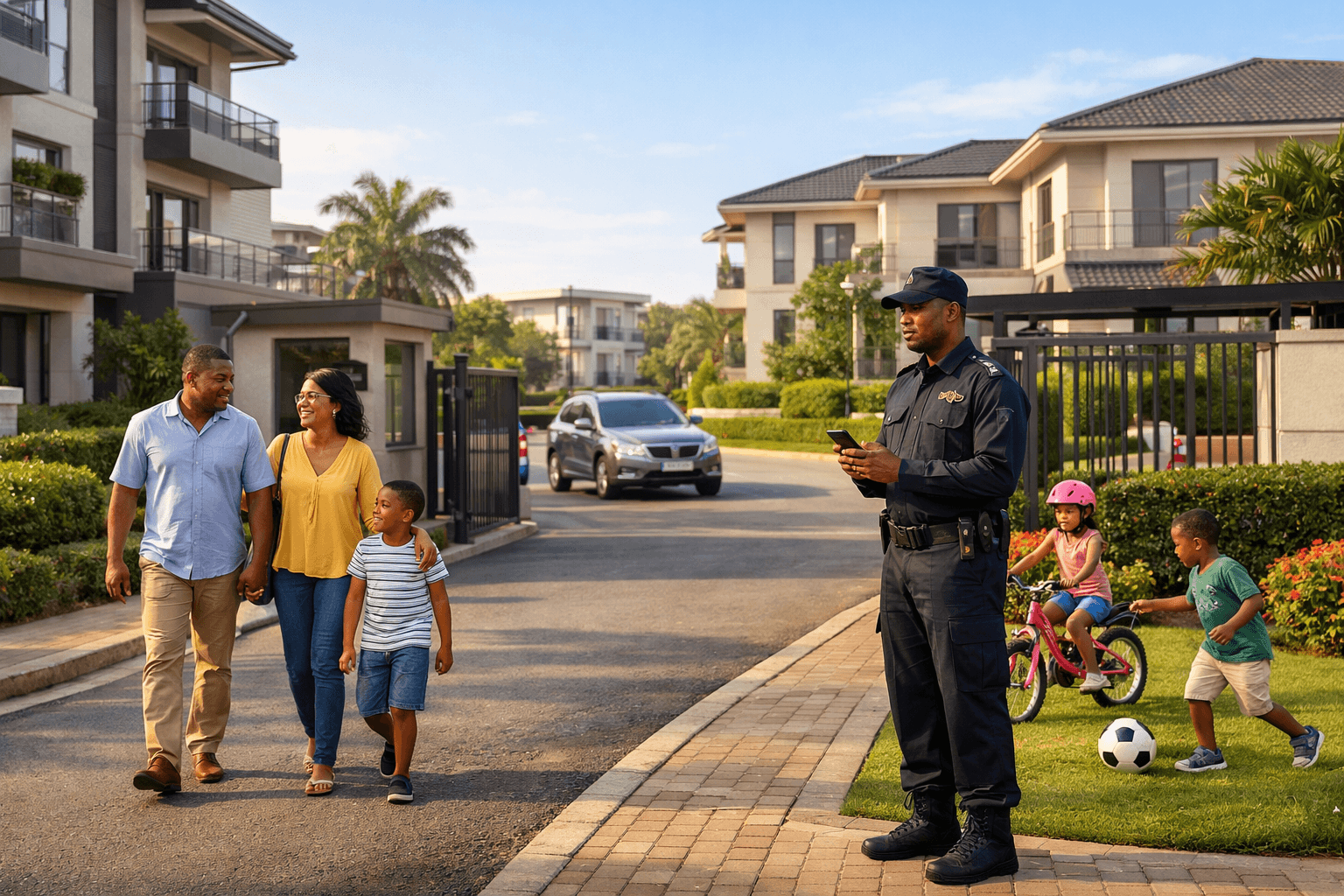 Family walking through a secure residential estate with a guard on duty