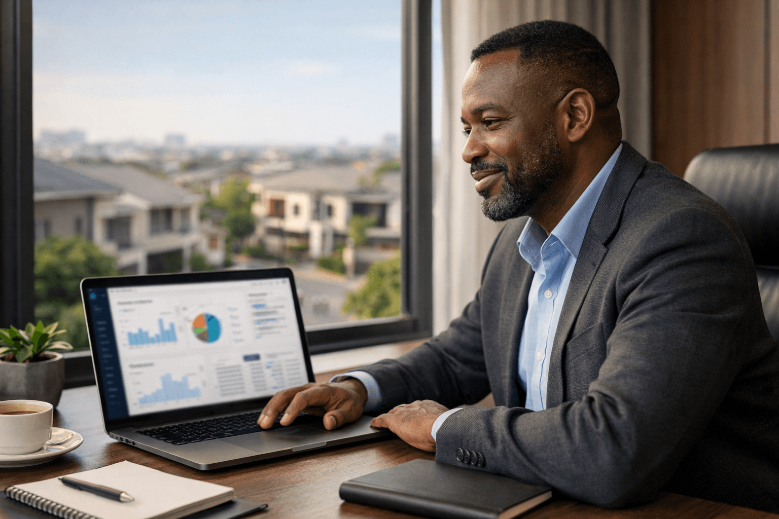 Property manager reviewing GuestPass analytics dashboard with estate view