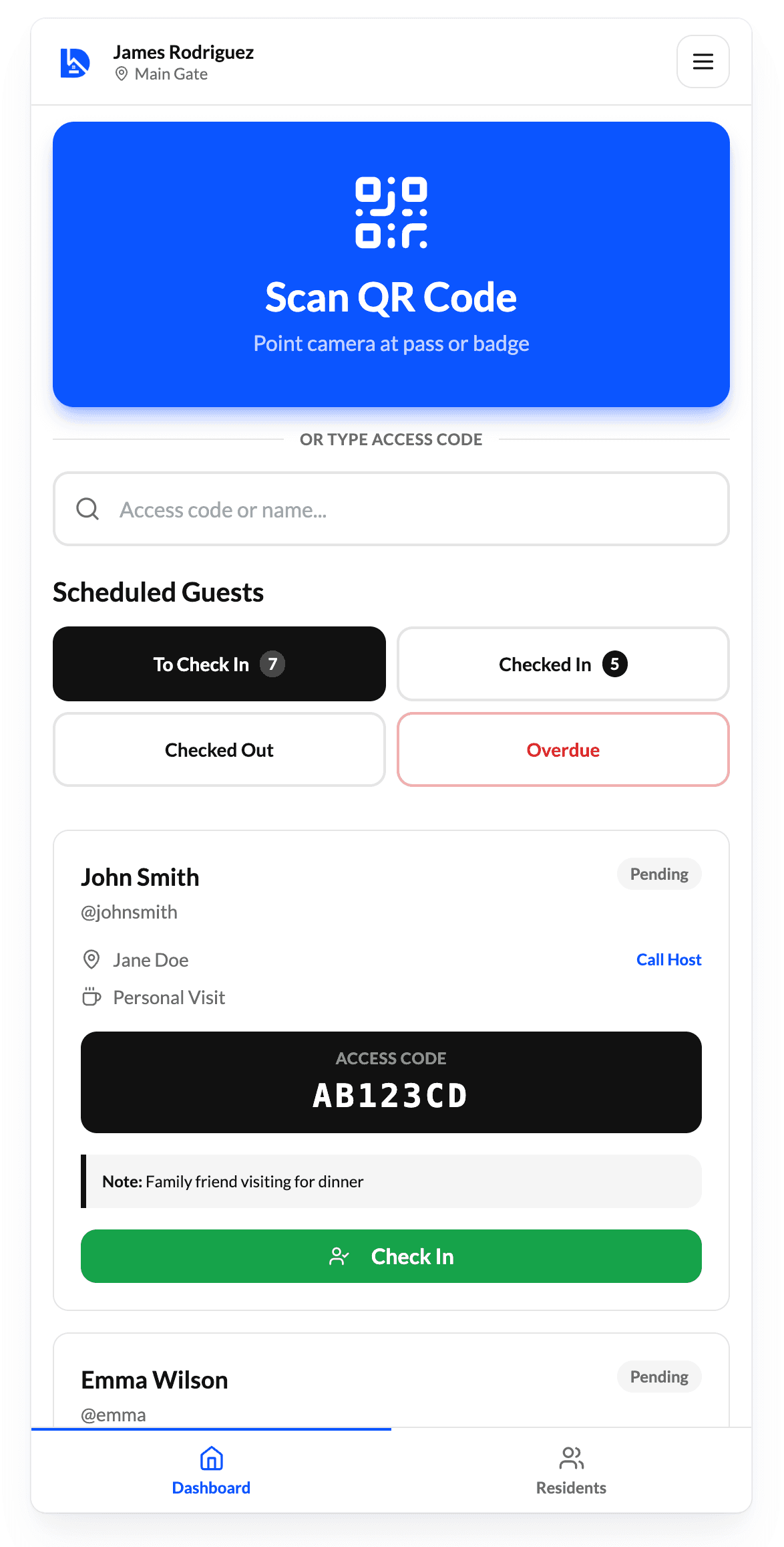 Security guard check-in interface